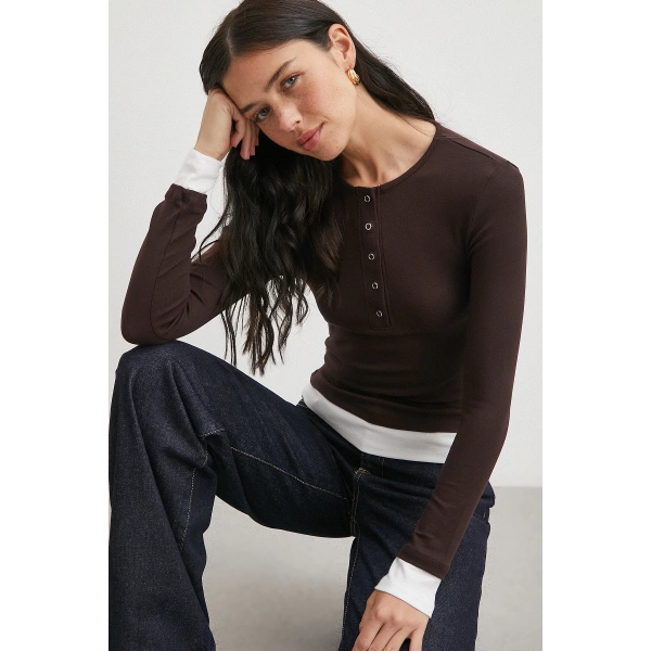 Garnili Çıtçıtlı Bluz Kahve