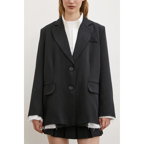 Cep Kapaklı Kesik Detaylı Blazer Ceket Siyah
