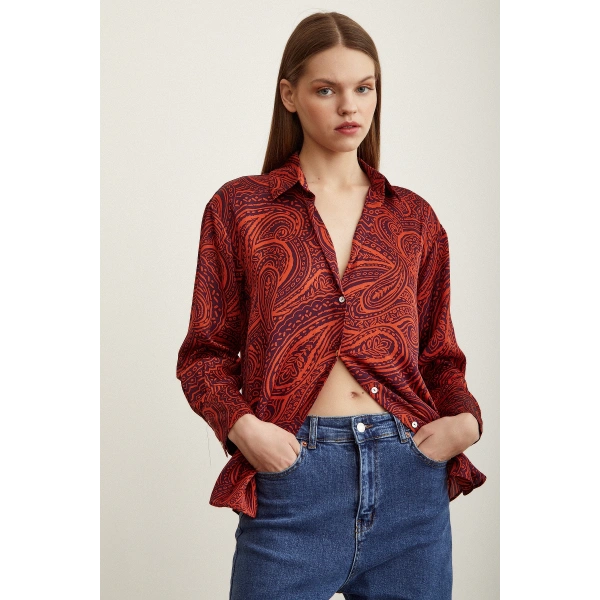 Desenli Saten Gömlek Turuncu