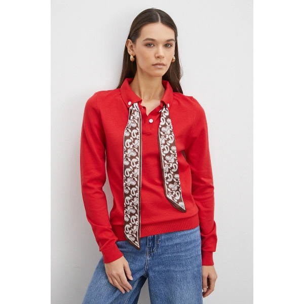 Fularlı Polo Yaka Kazak Kırmızı