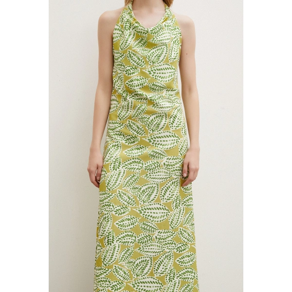 Degaje Yaka Maxi Elbise Yeşil