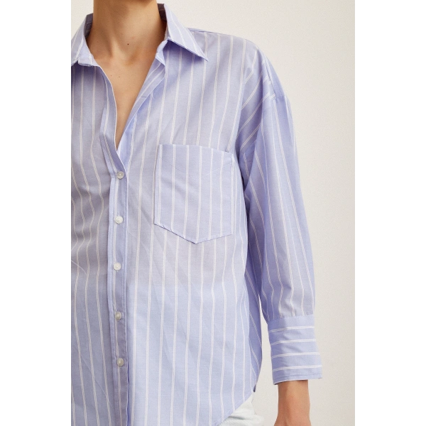 Çizgili Poplin Gömlek Açık Mavi