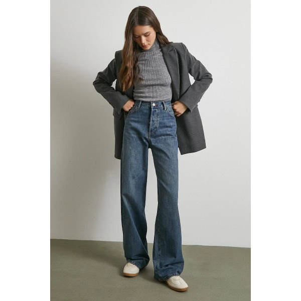 Yüksek Bel Beş Cepli Regular Fit Jean Lacivert