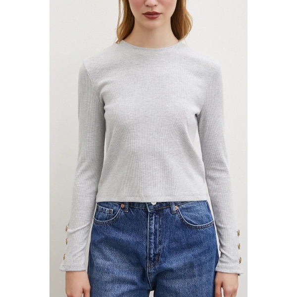 Kollu Düğmeli Bluz Gri