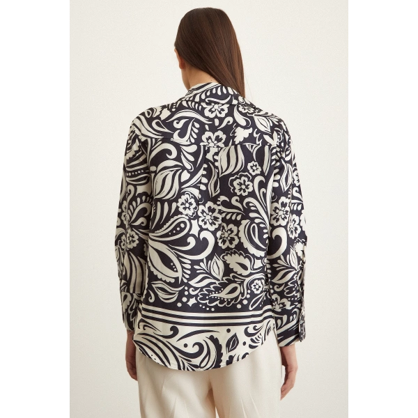 Renkli Baskılı Poplin Gömlek Mavi