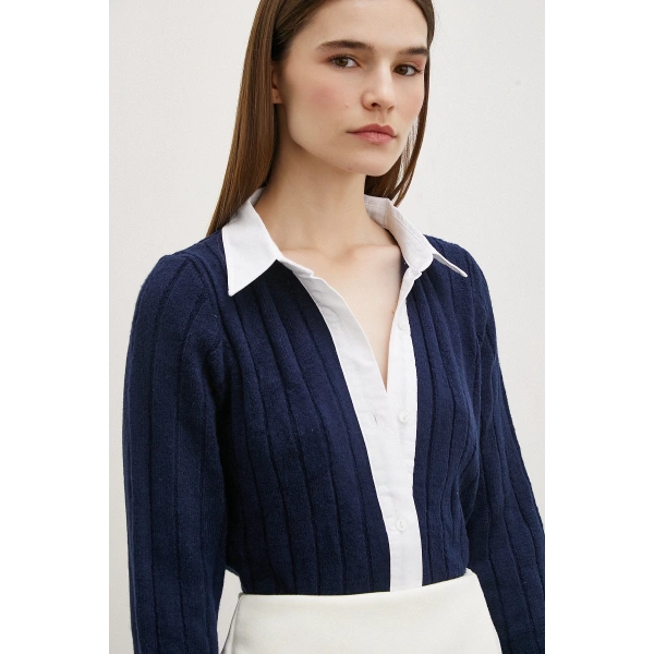 Gömlek Yaka İpek Hırka Lacivert