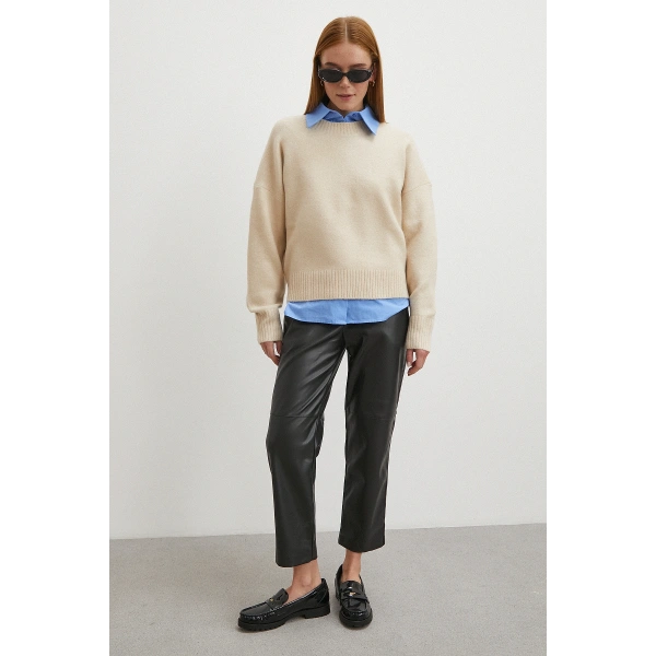 Kemerli Lastikli Deri Pantolon Siyah