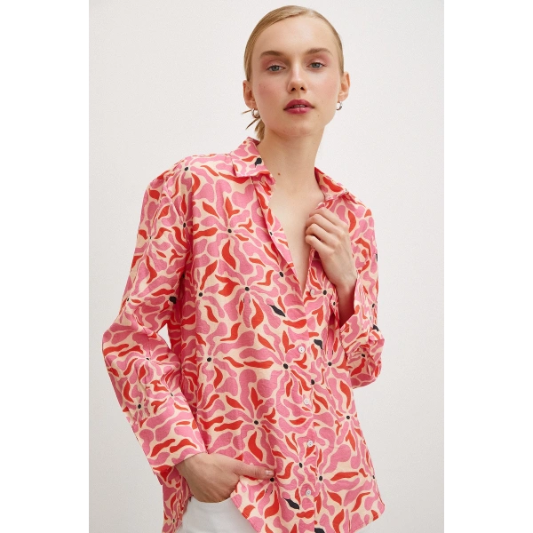 Çiçek Desen V Yaka Modal Gömlek Fuşya