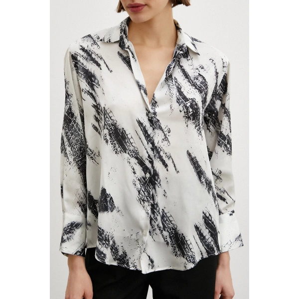 V Yaka Baskılı Saten Gömlek Ekru