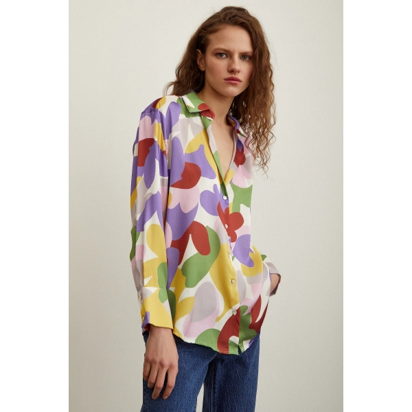 Desenli Saten Gömlek Lila