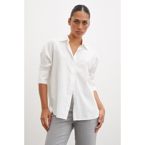 Geniş Manşetli Keten Gömlek Ekru