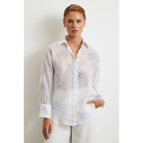 Organze Desenli Tül Gömlek Mavi