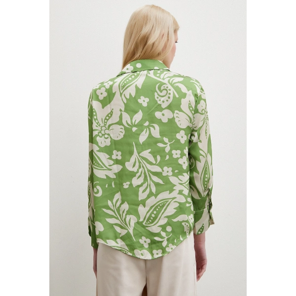 Çiçek Desenli Saten Gömlek Yeşil