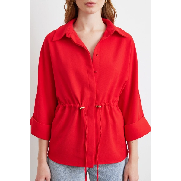 Büzgülü Kimono Gömlek Kırmızı