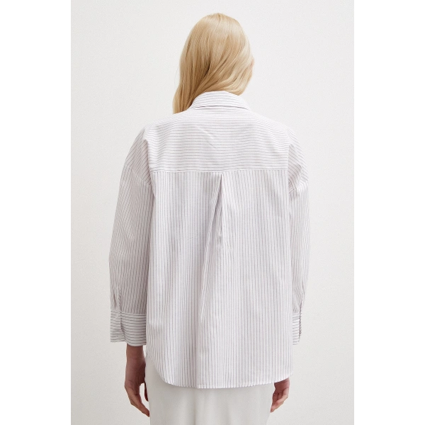 Çizgili Pamuklu Gömlek Ekru