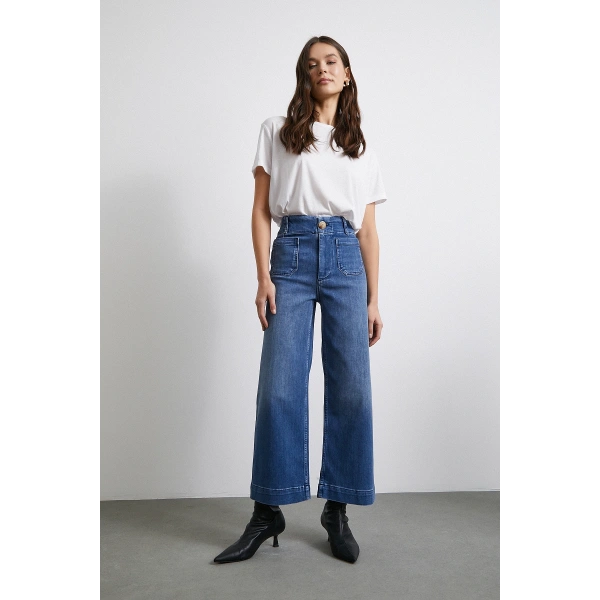 Cep Ve Düğme Detaylı Wide Leg Jean Mavi
