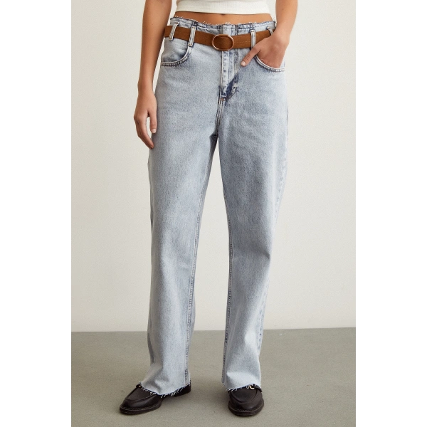 Beli Dikişsiz Kemerli Pantolon Mavi