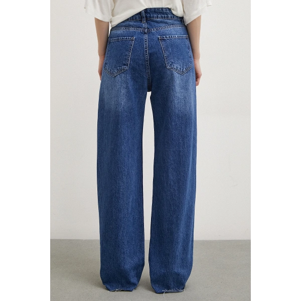 Yüksek Bel Dar Paça Mom Jean Mavi