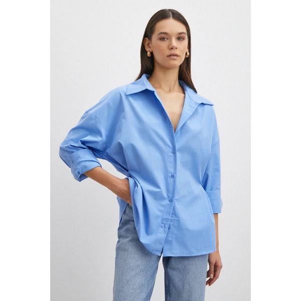 Düğme Detaylı Pamuklu Gömlek Mavi