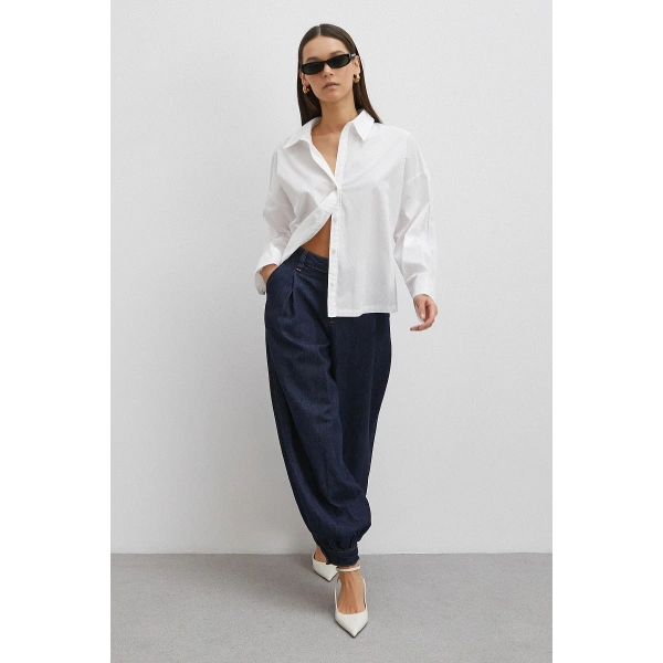 Paçası Düğmeli Yüksek Bel Mom Jean Lacivert