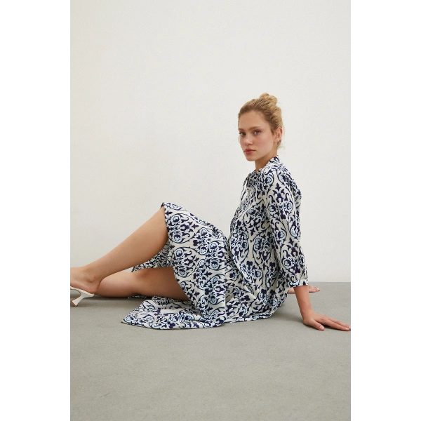 Hakim Yaka Desenli Maxi Elbise Lacivert