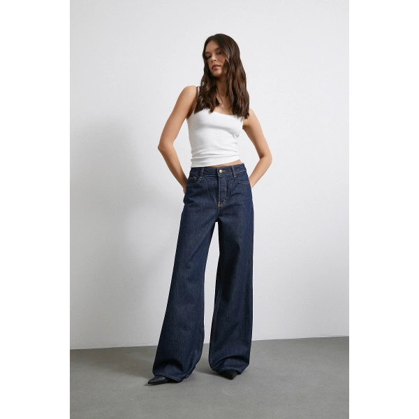 Beş Cepli Yüksek Bel Bol Paça Jean Lacivert