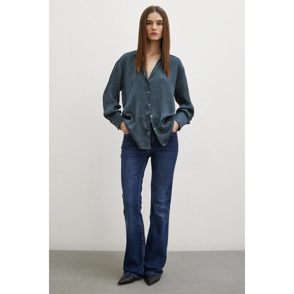 Kraşlı Saten Gömlek Petrol