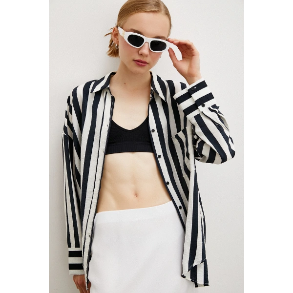 Poplin Çizgili Gömlek Ekru