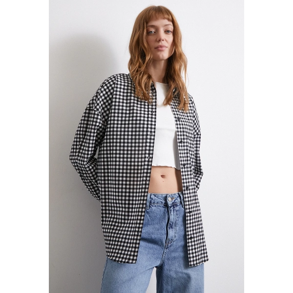 Pamuklu Ekose Gömlek Siyah