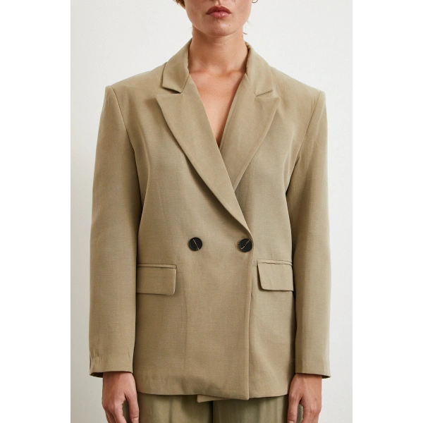 Çift Düğmeli Keten Blazer Ceket Haki