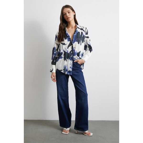 Saten Yüzeyli Desenli Gömlek Lacivert