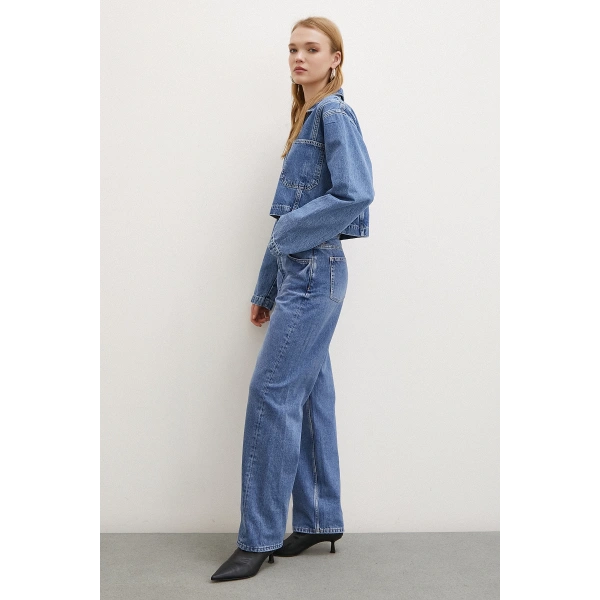 Yüksek Bel Düğme Kapamalı Mom Jean Mavi