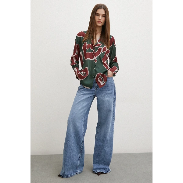 Baskılı Saten Gömlek Mor