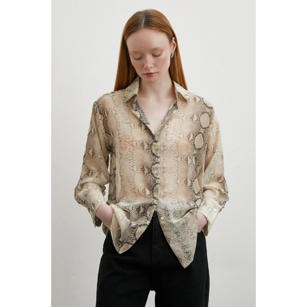Yılan Derisi Desenli Tül Gömlek Bej