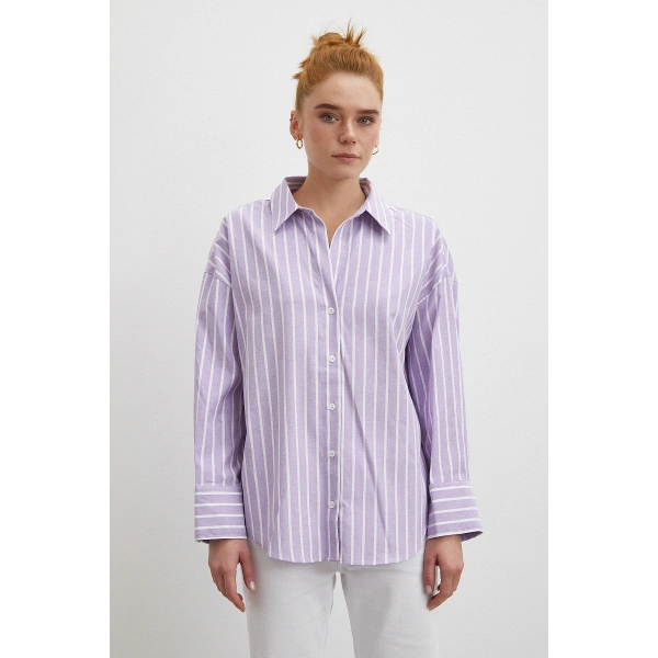Uzun Kollu Çizgili Gömlek Lila