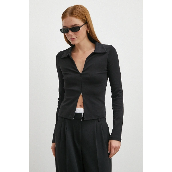 Yakalı Çift Fermuarlı Bluz Siyah