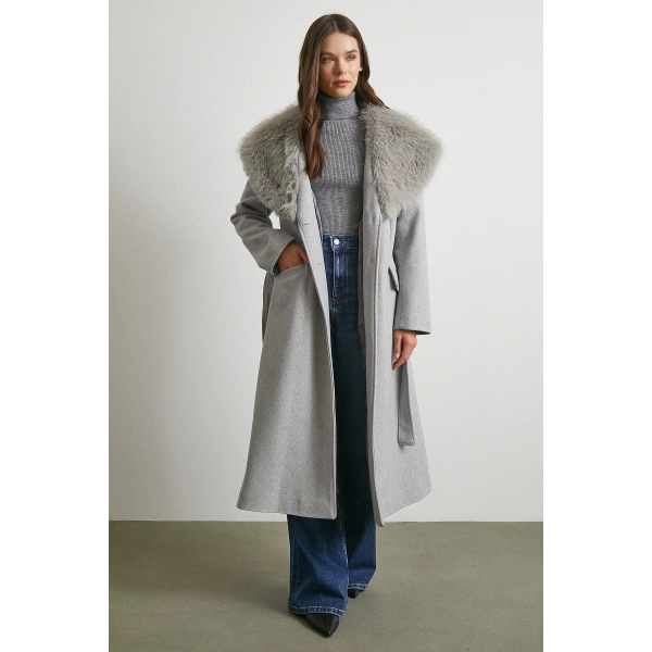 Kürk Yaka Kuşaklı Kaşe Kaban Gri