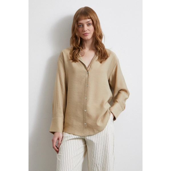Kraşlı Saten Gömlek Bej