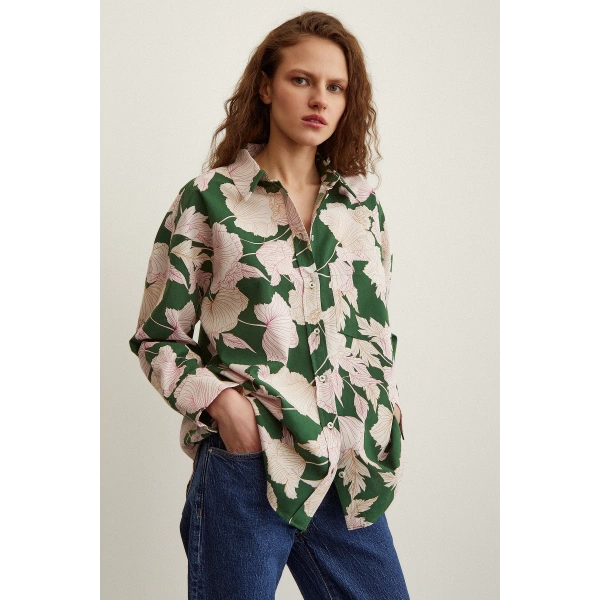 Gül Desenli Poplin Gömlek Yeşil