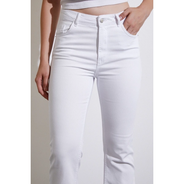 Yüksek Bel İspanyol Paça Jean Beyaz