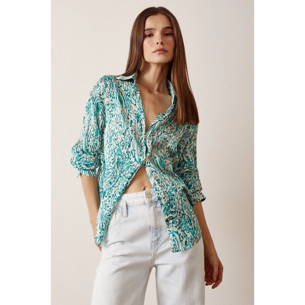 V Yaka Desenli Saten Gömlek Yeşil