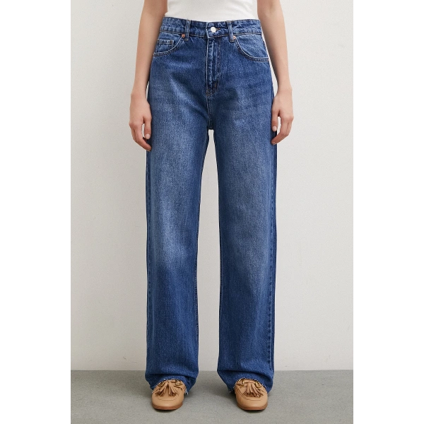 Yüksel Bel Jean Kesik Geniş Paça Mavi