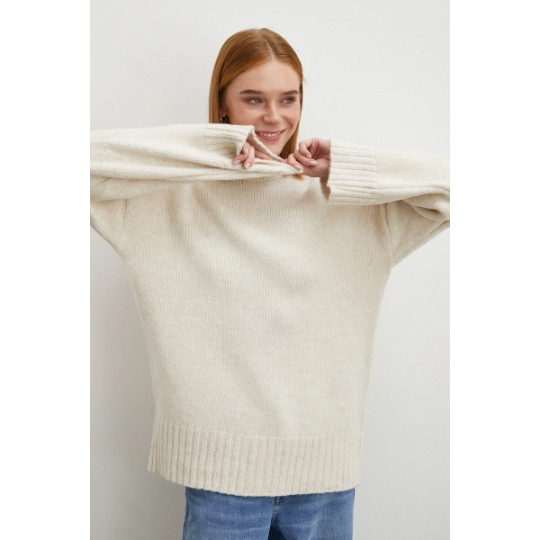 Bisiklet Yaka Fitilli Triko Kazak Ekru