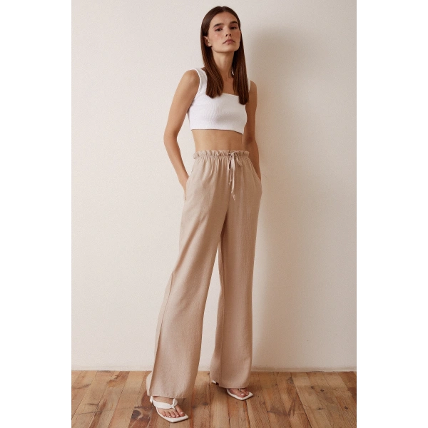 Beli Lastikli Biyeli Yüksek Bel Pantolon Bej