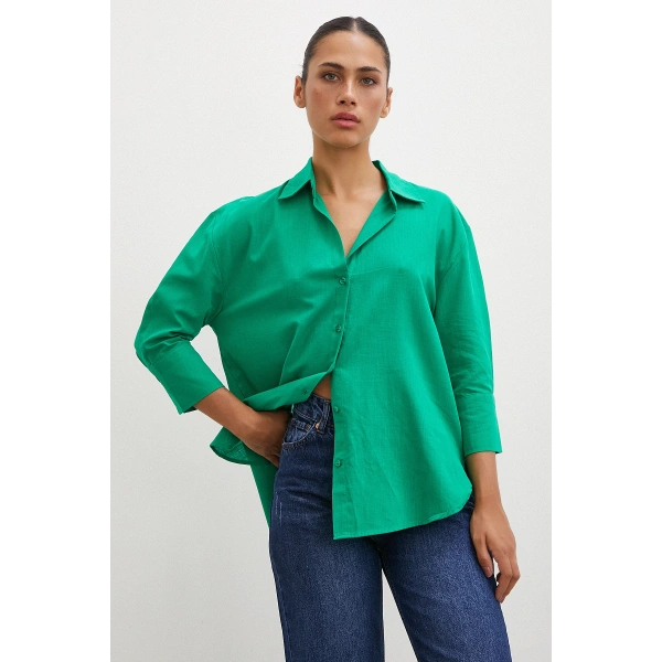 Geniş Manşetli Keten Gömlek Yeşil