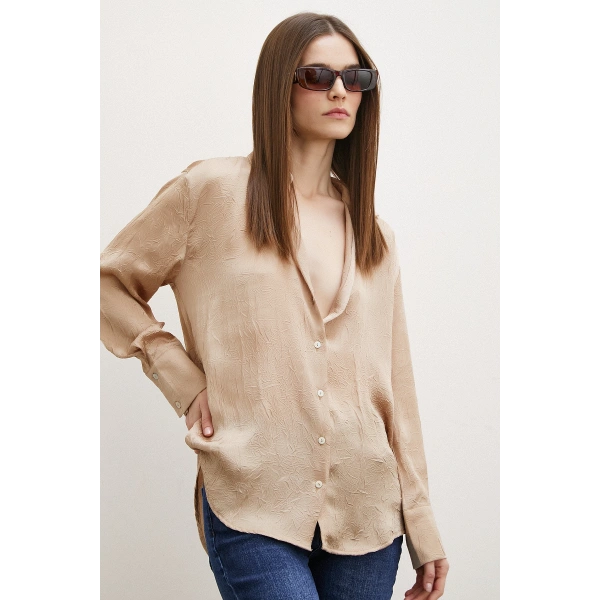 Kraşlı Saten Gömlek Vizon