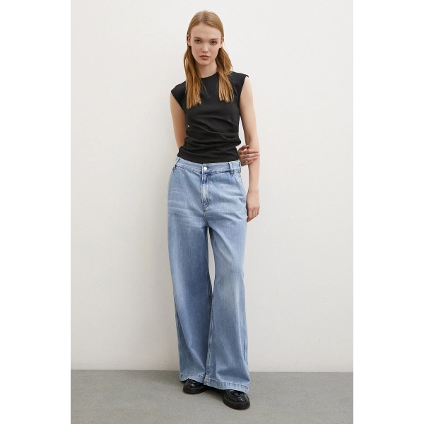 Yüksek Bel Geniş Paça Jean Buz Mavisi