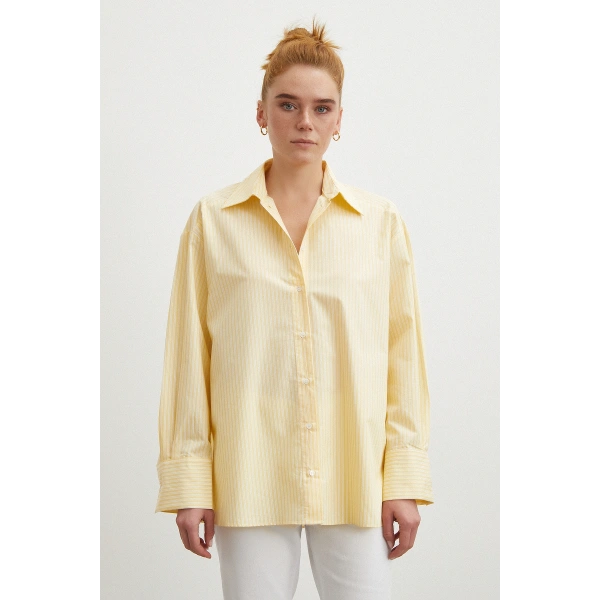 Cepli Çizgili Poplin Gömlek Sarı