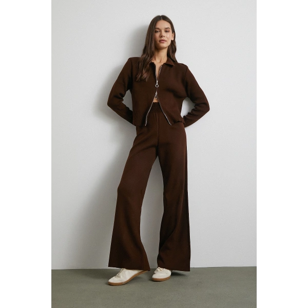 Çift Fermuarlı Hırka Takım Kahve