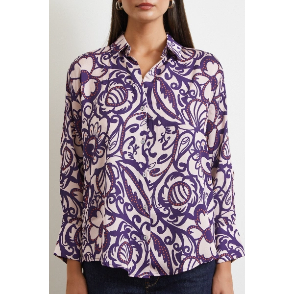 Çiçek Desenli Saten Gömlek Mor